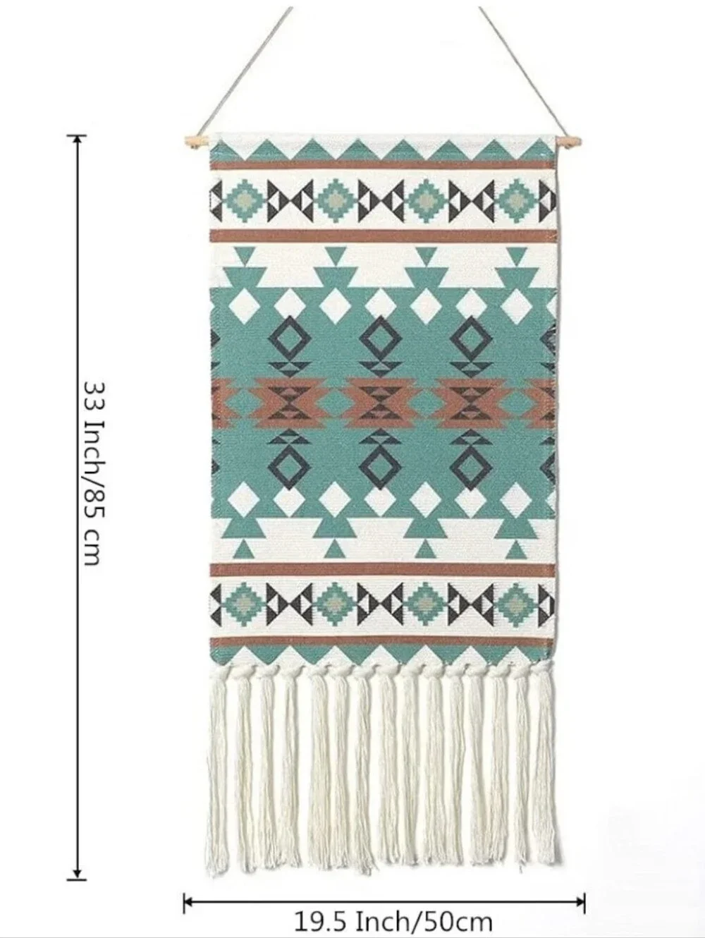 Teal and Cream Boho Geometric Wall Hanging Tapestry 33 X 19.5